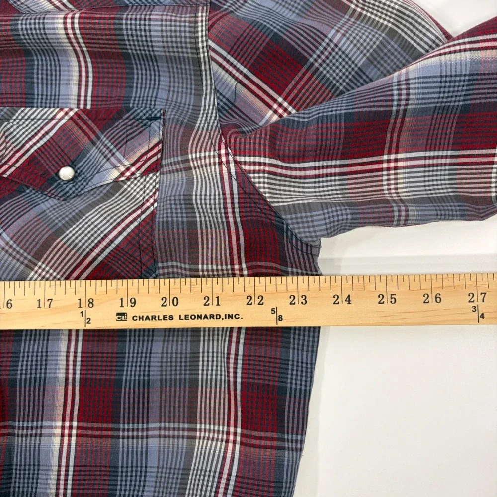 Levi Western Shirt Mens XL Pearl Snap Red Blue Plaid Vintage Cowboy Workwear